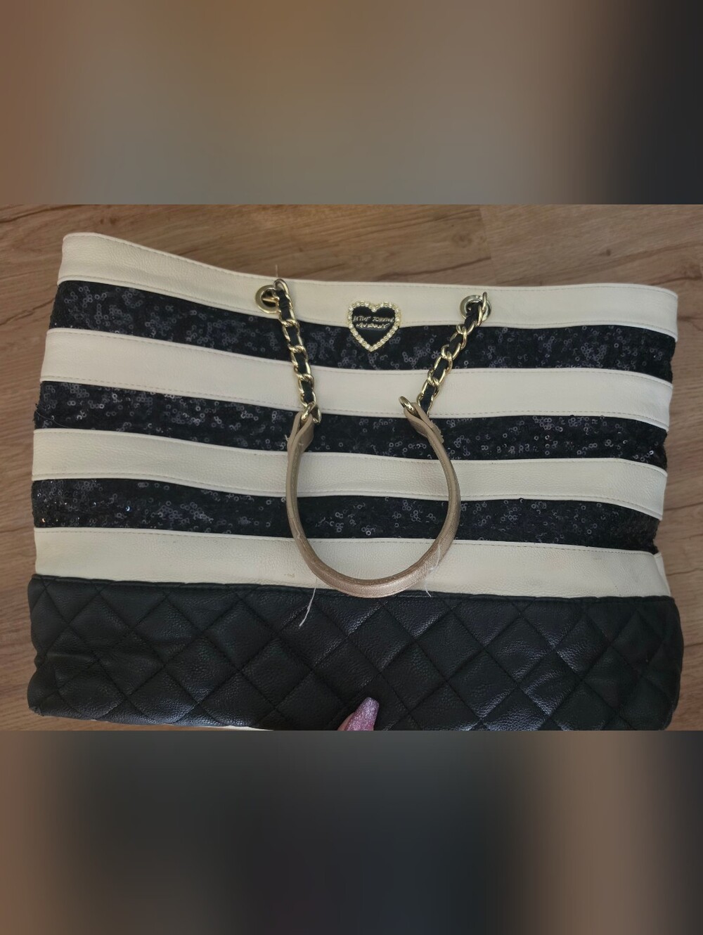 Betsey Johnson Striped Black and Cream Quilted Tote Bag with Gold Chain Handles